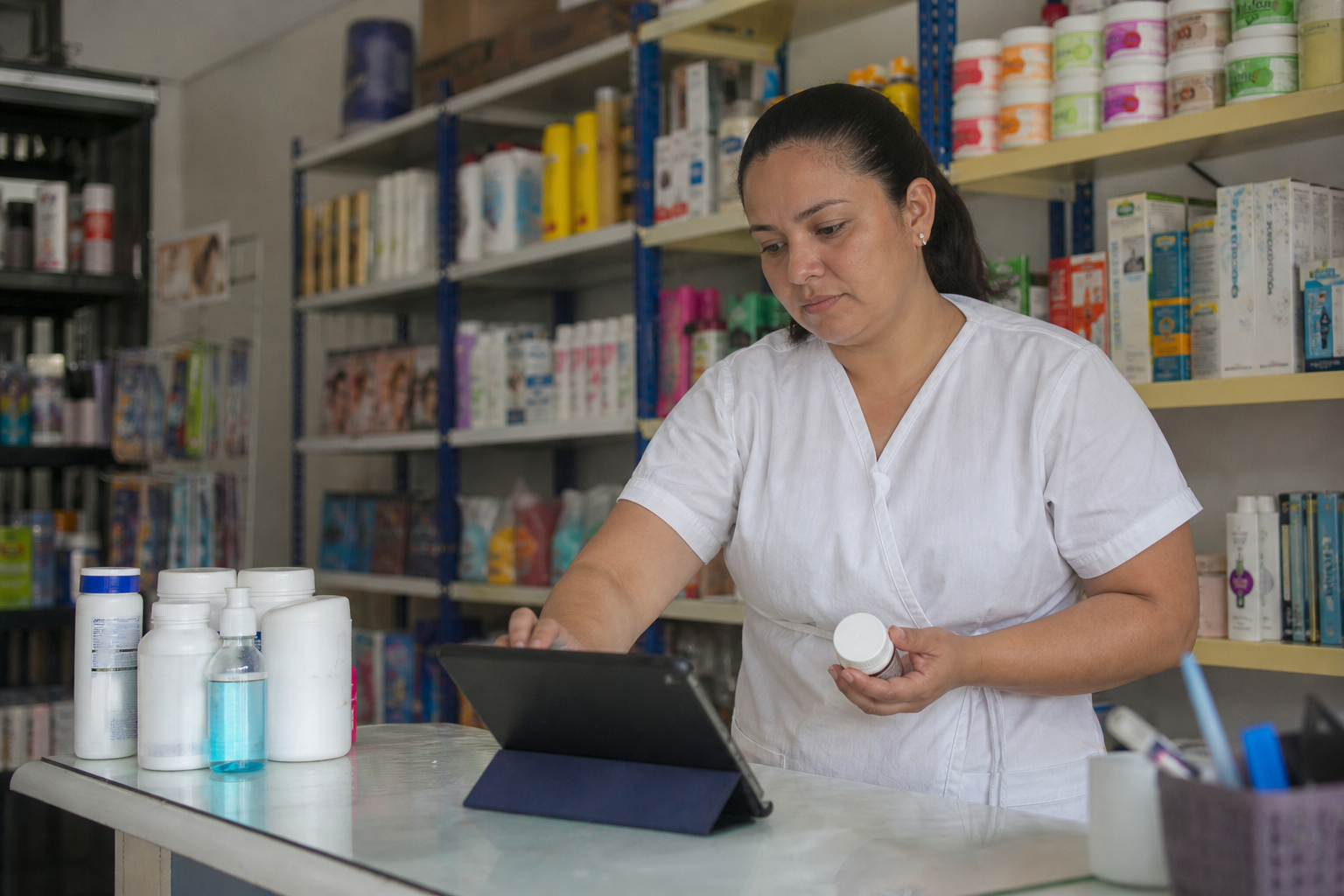Encargada de farmacia organizando productos y pedidos