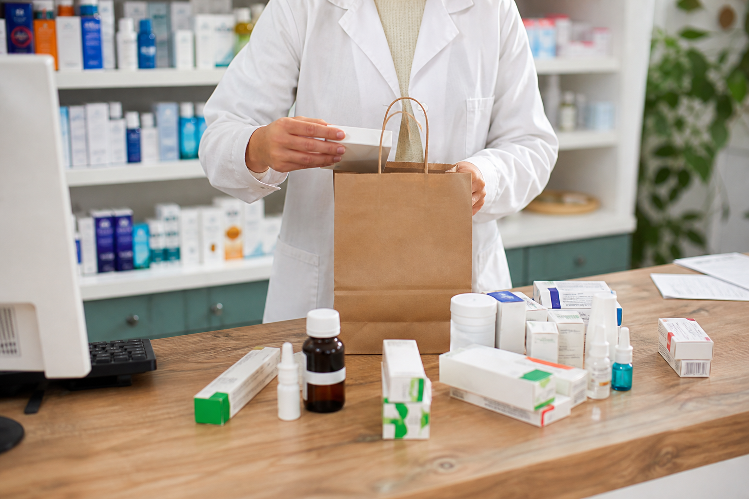 Encargada de farmacia preparando un pedido desde su teléfono