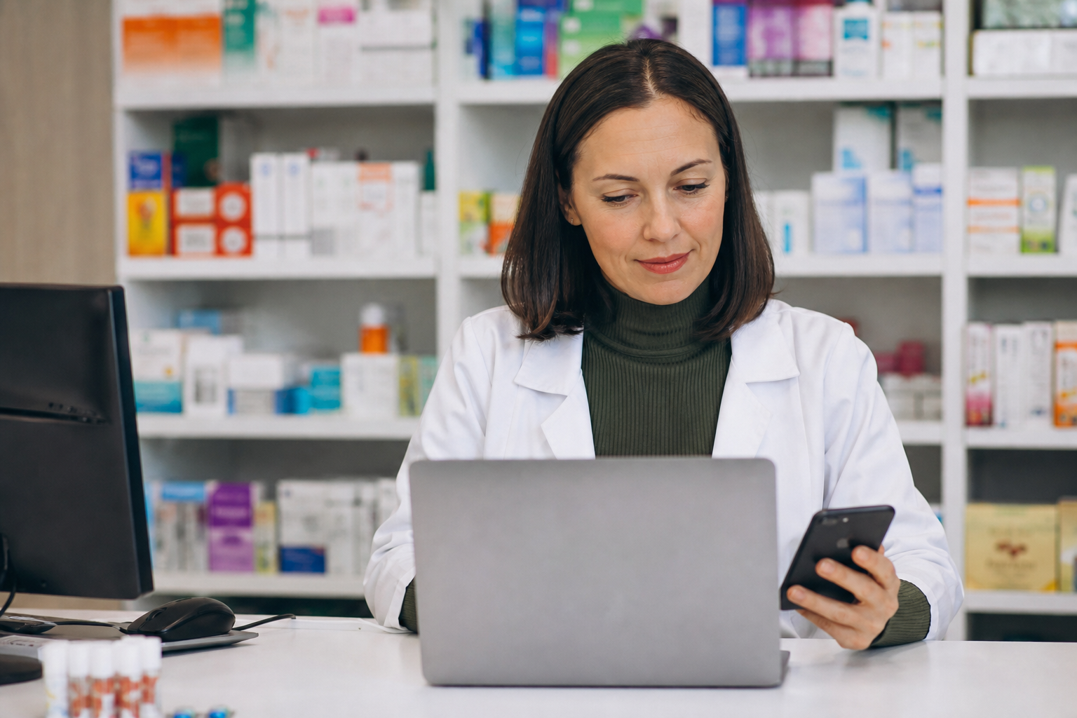 Encargada de farmacia revisando una promoción en su teléfono