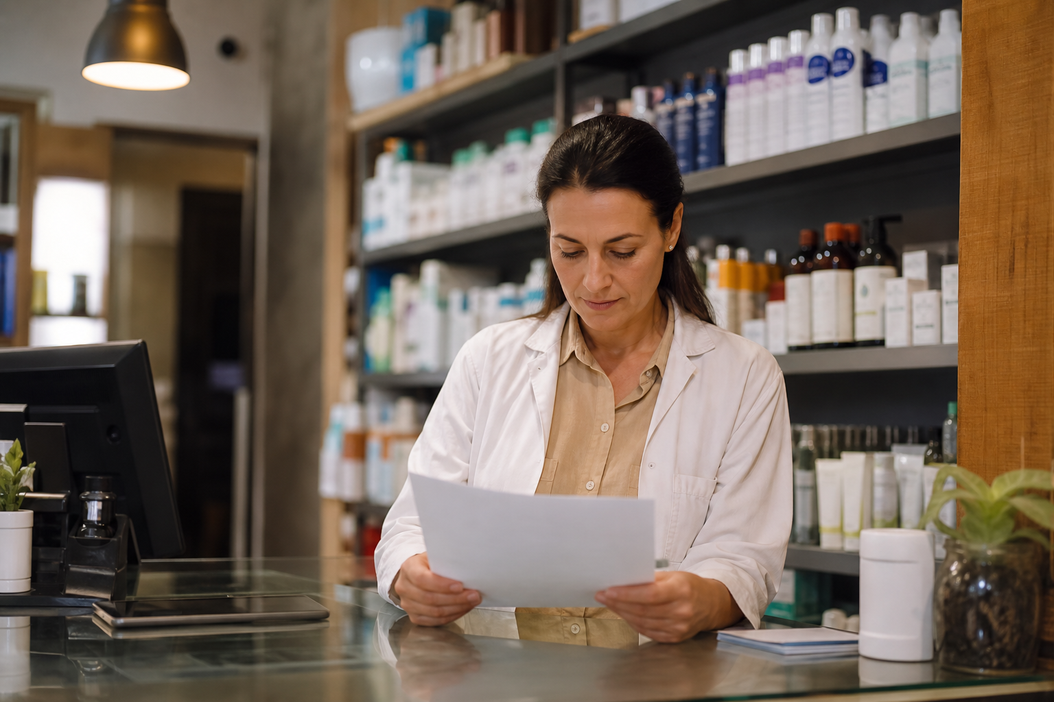 Dueña de farmacia revisando el resumen de ventas del día